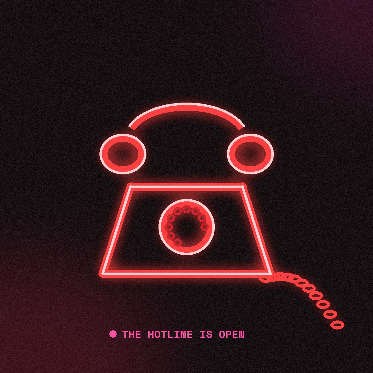 A red rotary phone in neon — the hotline, open.